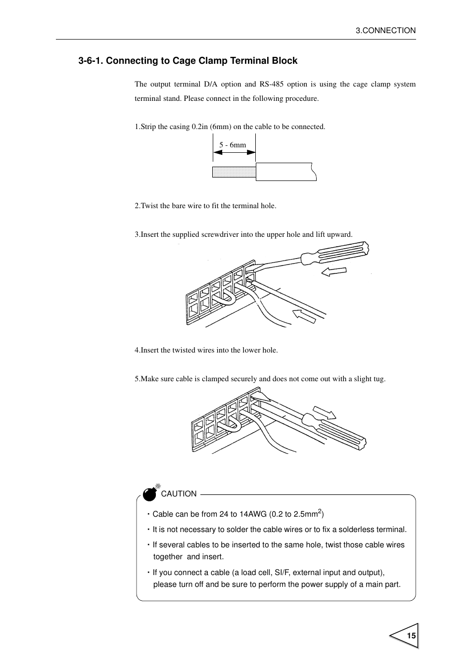 6-1. connecting to cage clamp terminal block, Connecting to cage clamp terminal block | FUTEK IPM600 (D610) Digital Display User Manual | Page 26 / 136