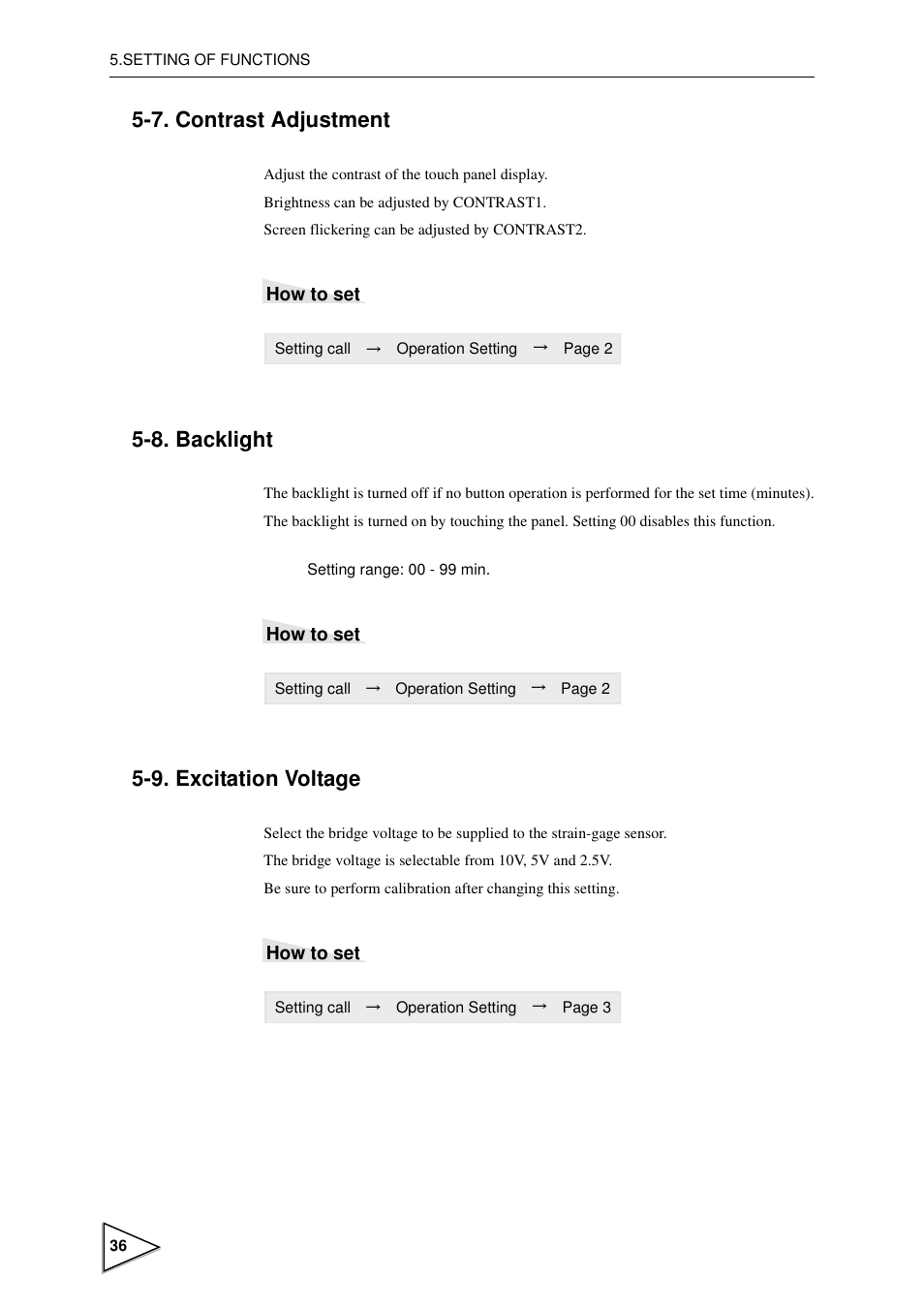 7. contrast adjustment, 8. backlight, 9. excitation voltage | Contrast adjustment, Backlight, Excitation voltage, P36) | FUTEK IPM600 (D610) Digital Display User Manual | Page 47 / 136