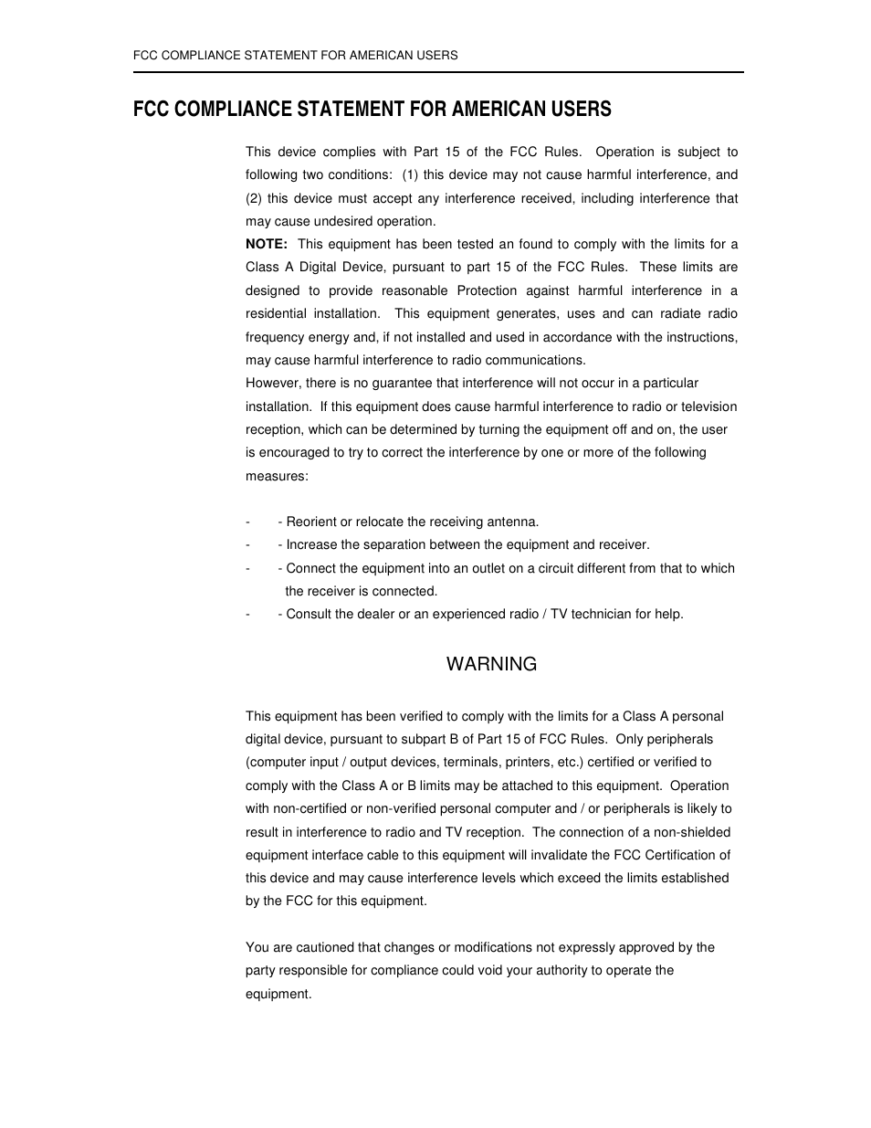 Fcc compliance statement for american users, Warning | FUTEK IPM600 (D610) Digital Display User Manual | Page 5 / 136