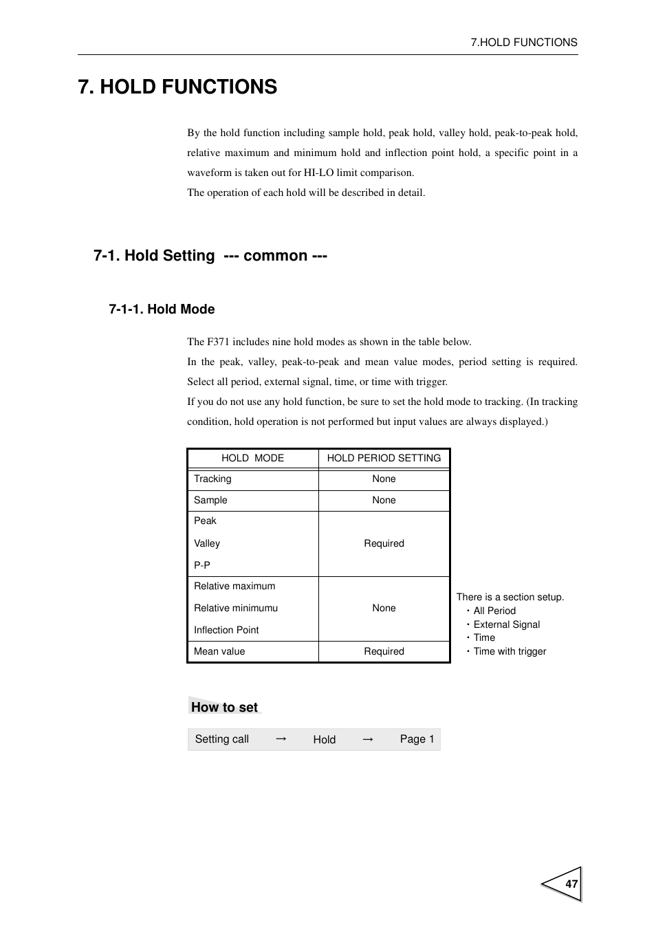 Hold functions, 1. hold setting --- common, 1-1. hold mode | Hold setting --- common, Hold mode, P47), How to set | FUTEK IPM600 (D610) Digital Display User Manual | Page 58 / 136