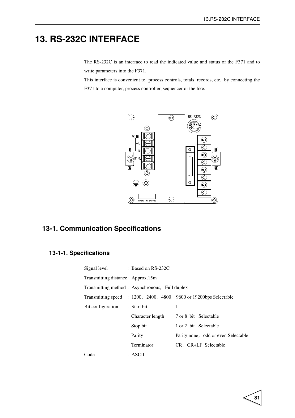 Rs-232c interface, 1. communication specifications, 1-1. specifications | Communication specifications, Specifications | FUTEK IPM600 (D610) Digital Display User Manual | Page 92 / 136