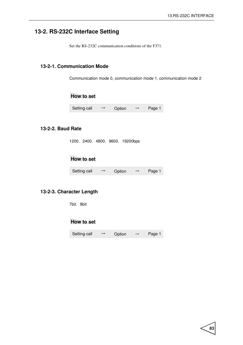 2. rs-232c interface setting, 2-1. communication mode, 2-2. baud rate | 2-3. character length, Rs-232c interface setting, Communication mode, Baud rate, Character length, P83) | FUTEK IPM600 (D610) Digital Display User Manual | Page 94 / 136