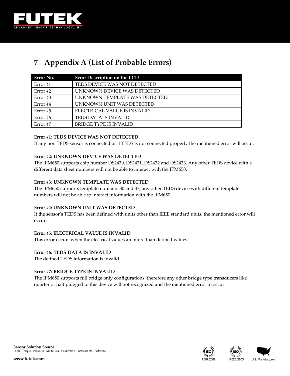 Appendix a (list of probable errors), 7 appendix a (list of probable errors) | FUTEK IPM650 Series User Manual | Page 112 / 120