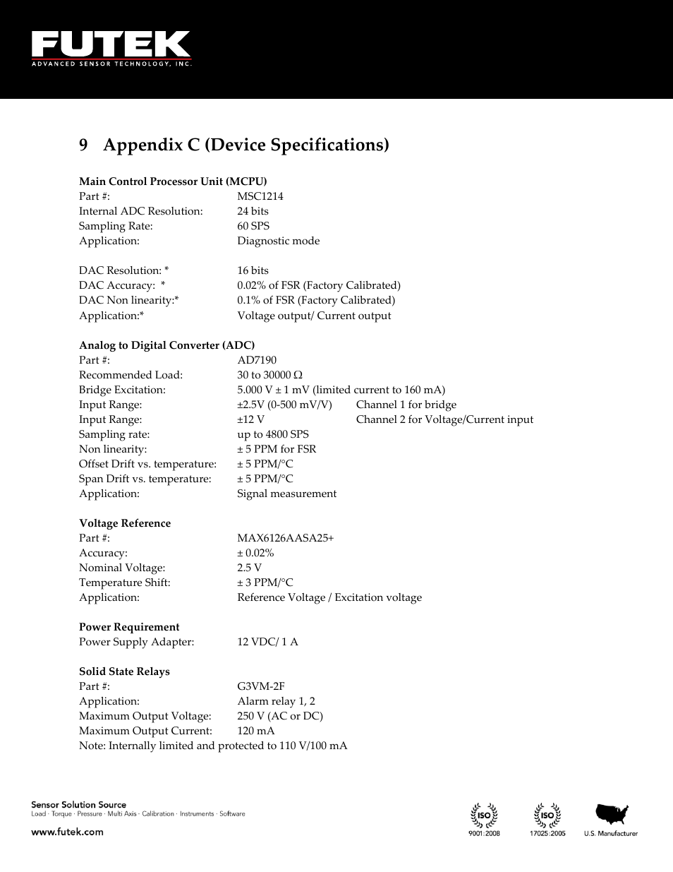 Appendix c (device specifications), 9 appendix c (device specifications) | FUTEK IPM650 Series User Manual | Page 115 / 120