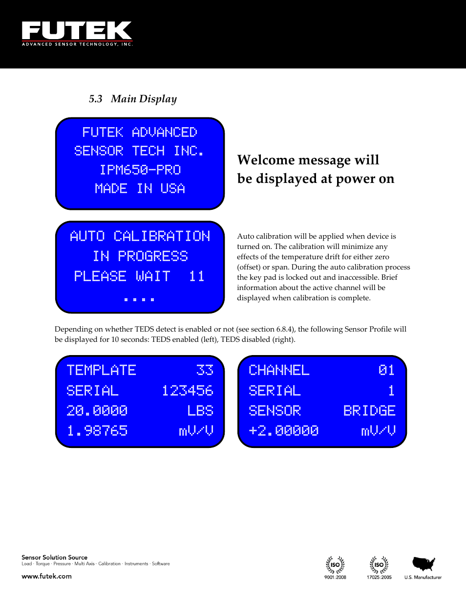 Main display, Welcome message will be displayed at power on | FUTEK IPM650 Series User Manual | Page 14 / 120