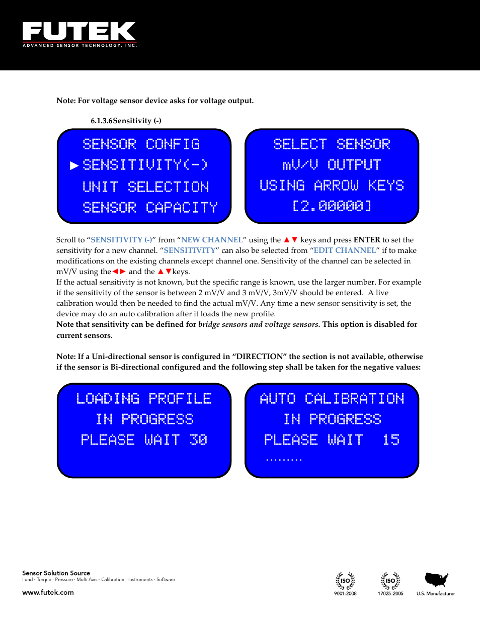 Sensitivity (-), Auto calibration in progress please wait 15, Loading profile in progress please wait 30 | FUTEK IPM650 Series User Manual | Page 36 / 120