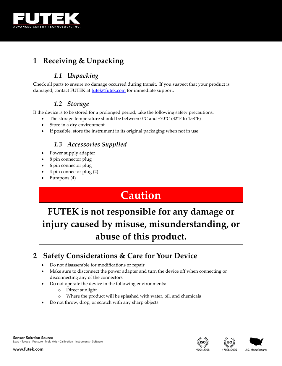 Receiving & unpacking, Unpacking, Storage | Accessories supplied, Safety considerations & care for your device, Caution, 1 receiving & unpacking, 2 safety considerations & care for your device, 1 unpacking, 2 storage | FUTEK IPM650 Series User Manual | Page 5 / 120