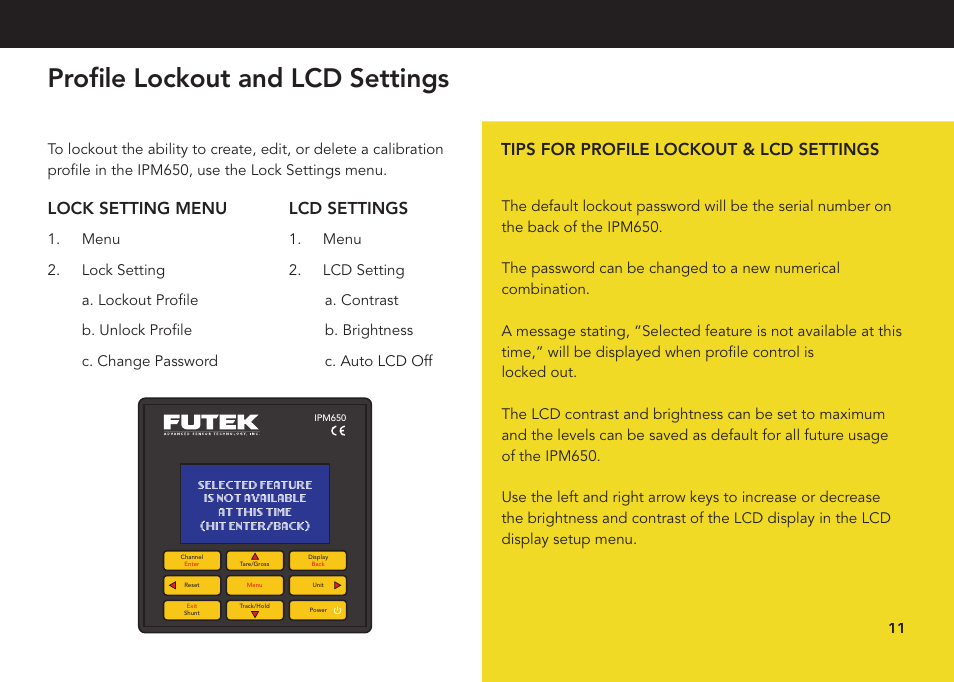 Profi le lockout and lcd settings, Lock setting menu, Lcd settings | Tips for profile lockout & lcd settings | FUTEK IPM650 Series User Manual | Page 11 / 24