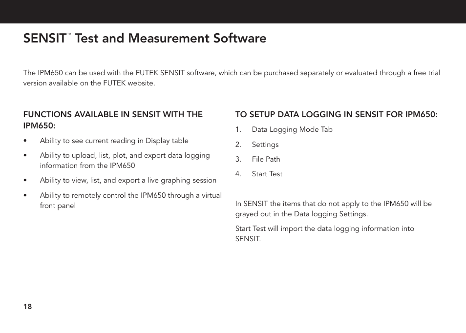 Sensit, Test and measurement software | FUTEK IPM650 Series User Manual | Page 18 / 24