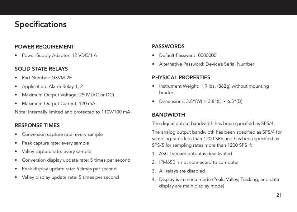 Specifi cations | FUTEK IPM650 Series User Manual | Page 21 / 24