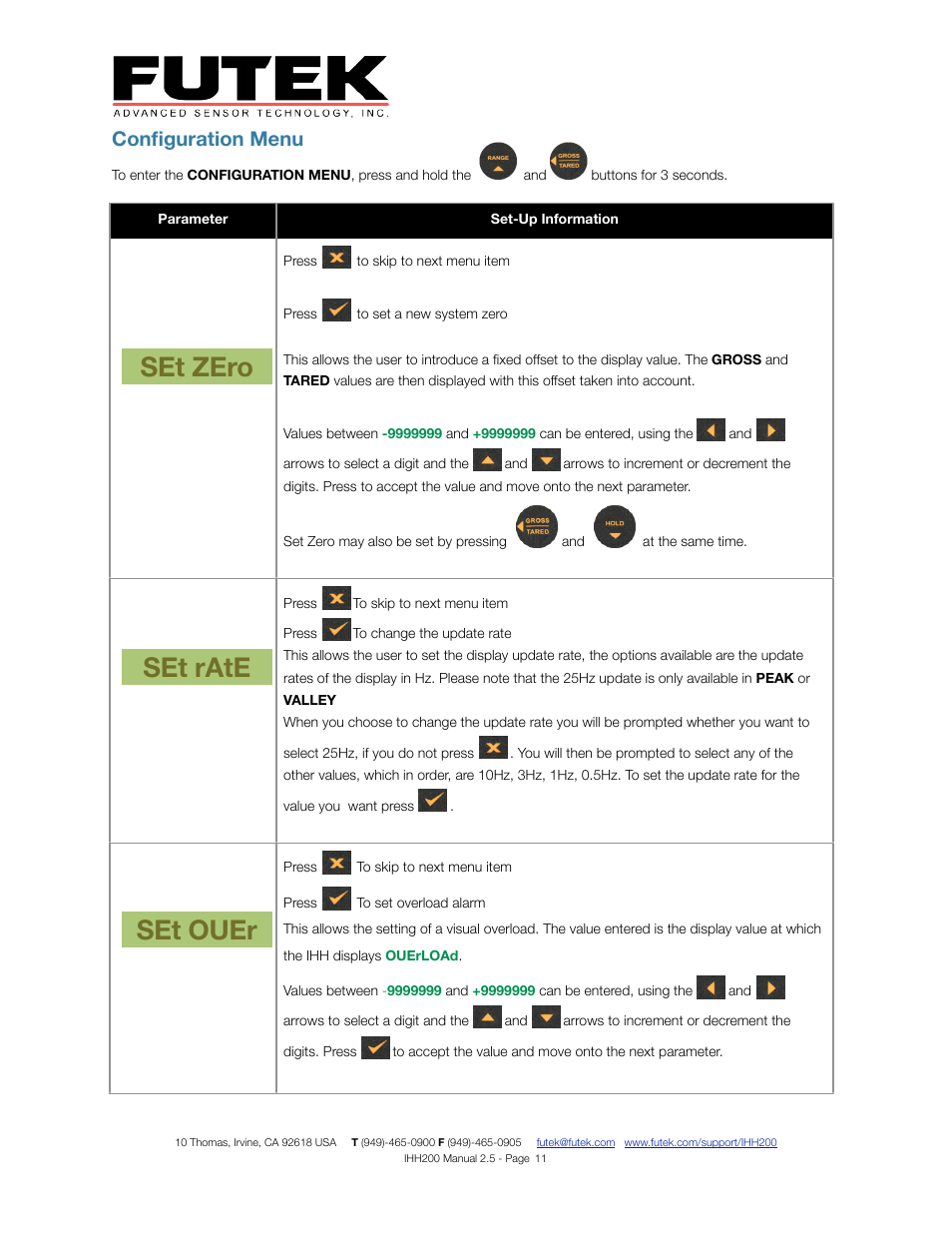 Set zero set rate set ouer, Configuration menu | FUTEK IHH200 Digital Display User Manual | Page 11 / 25