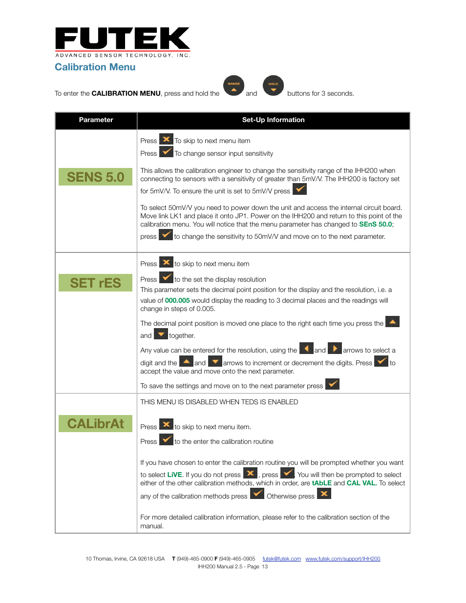 Sens 5.0 set res calibrat, Calibration menu | FUTEK IHH200 Digital Display User Manual | Page 13 / 25