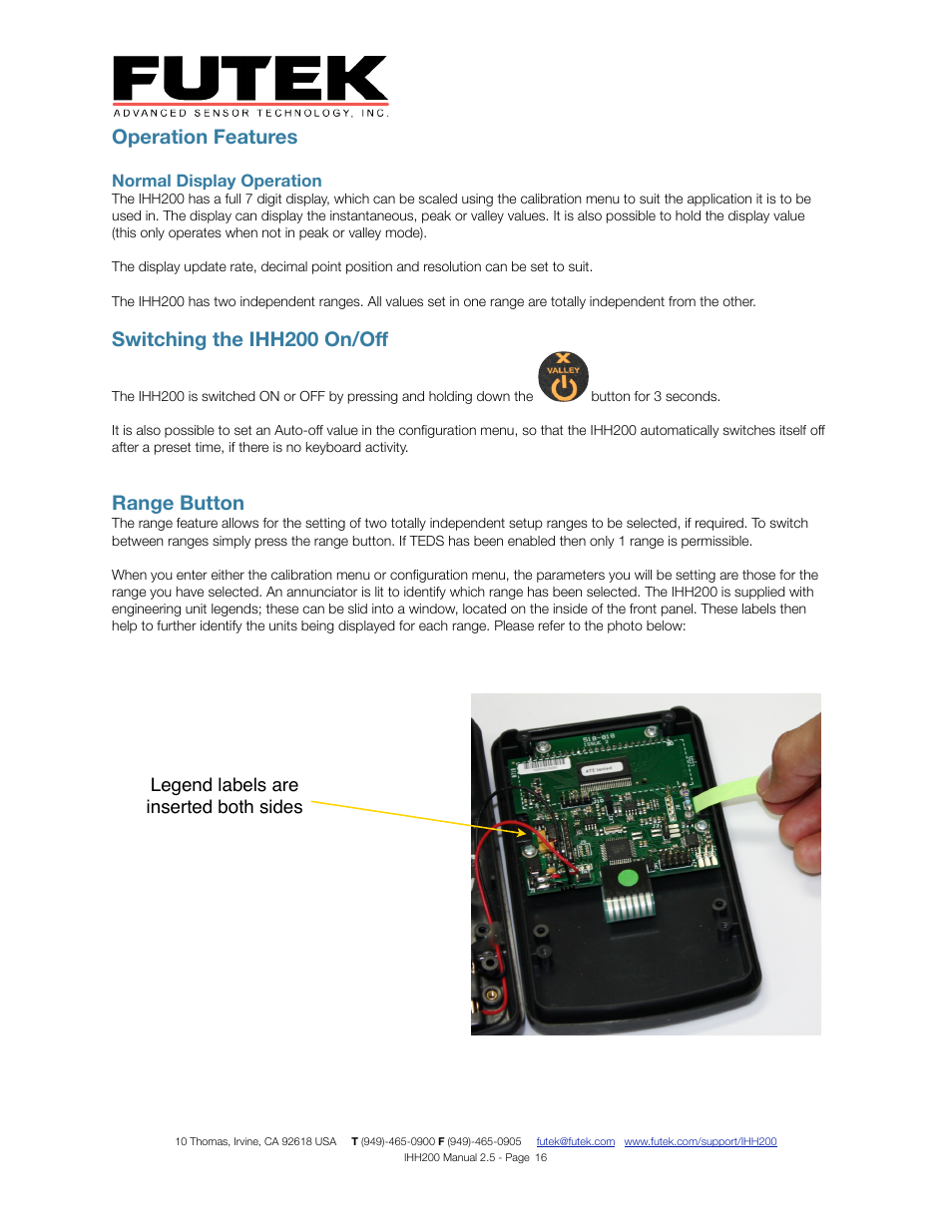 Operation features, Switching the ihh200 on/off, Range button | Legend labels are inserted both sides | FUTEK IHH200 Digital Display User Manual | Page 16 / 25
