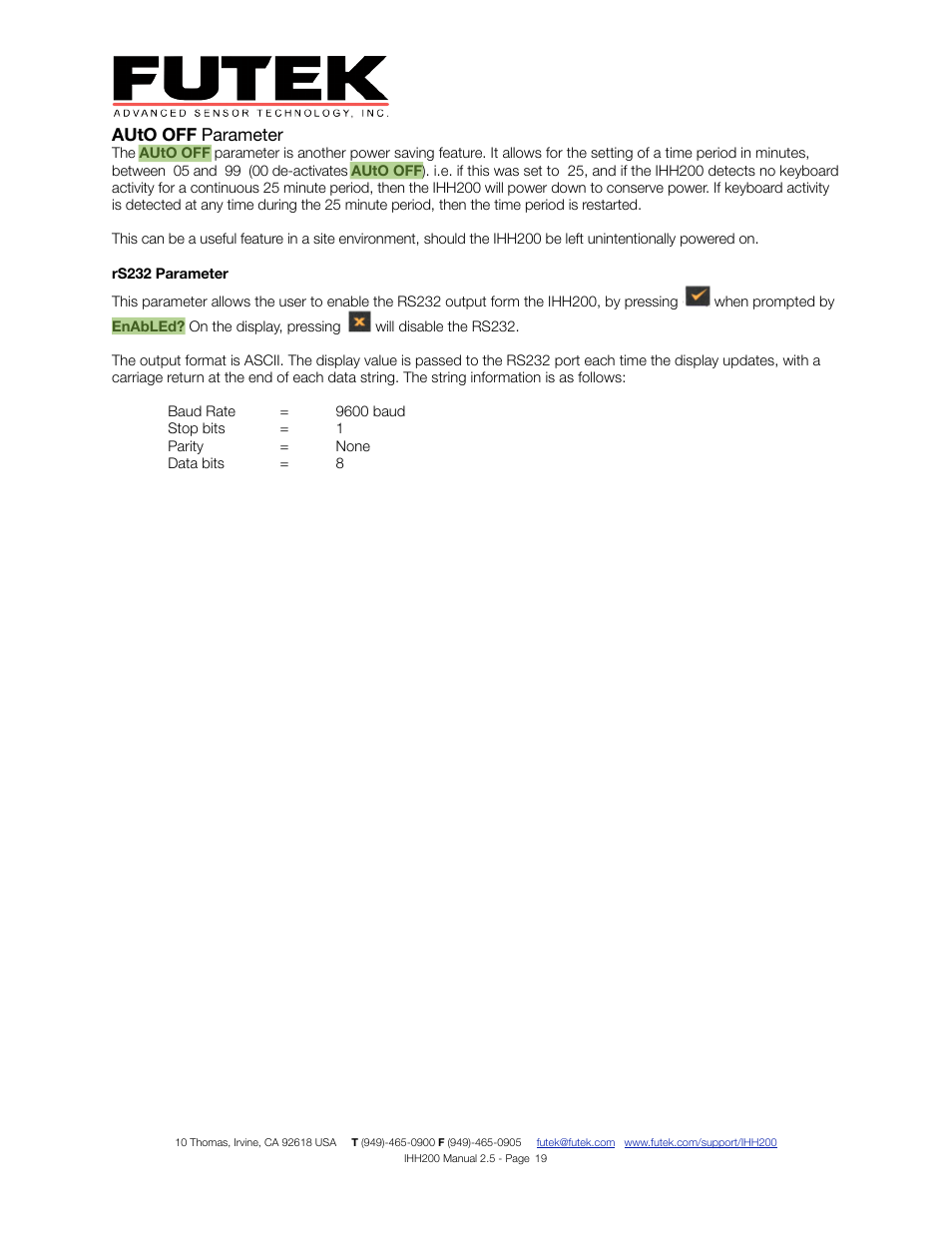 Auto off parameter | FUTEK IHH200 Digital Display User Manual | Page 19 / 25