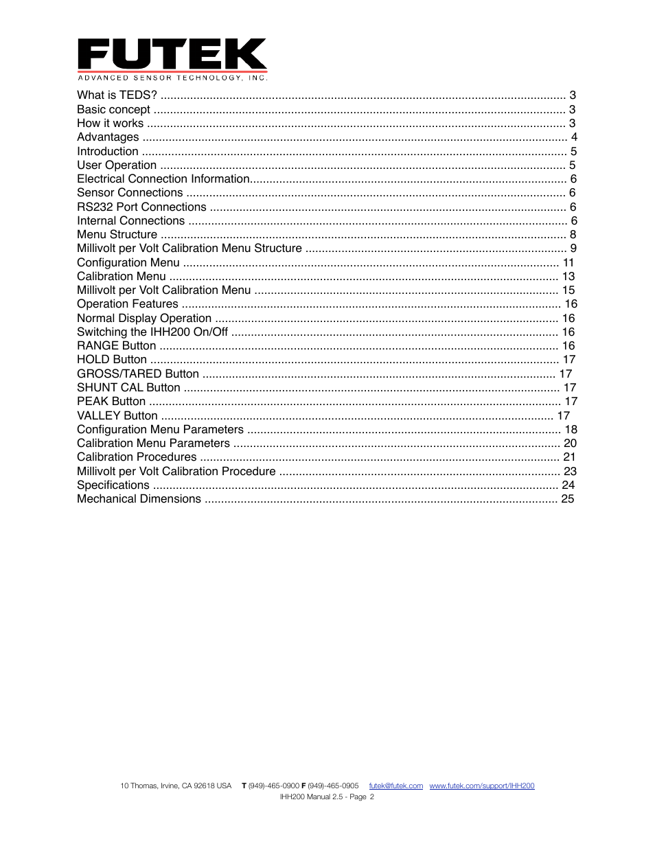 FUTEK IHH200 Digital Display User Manual | Page 2 / 25