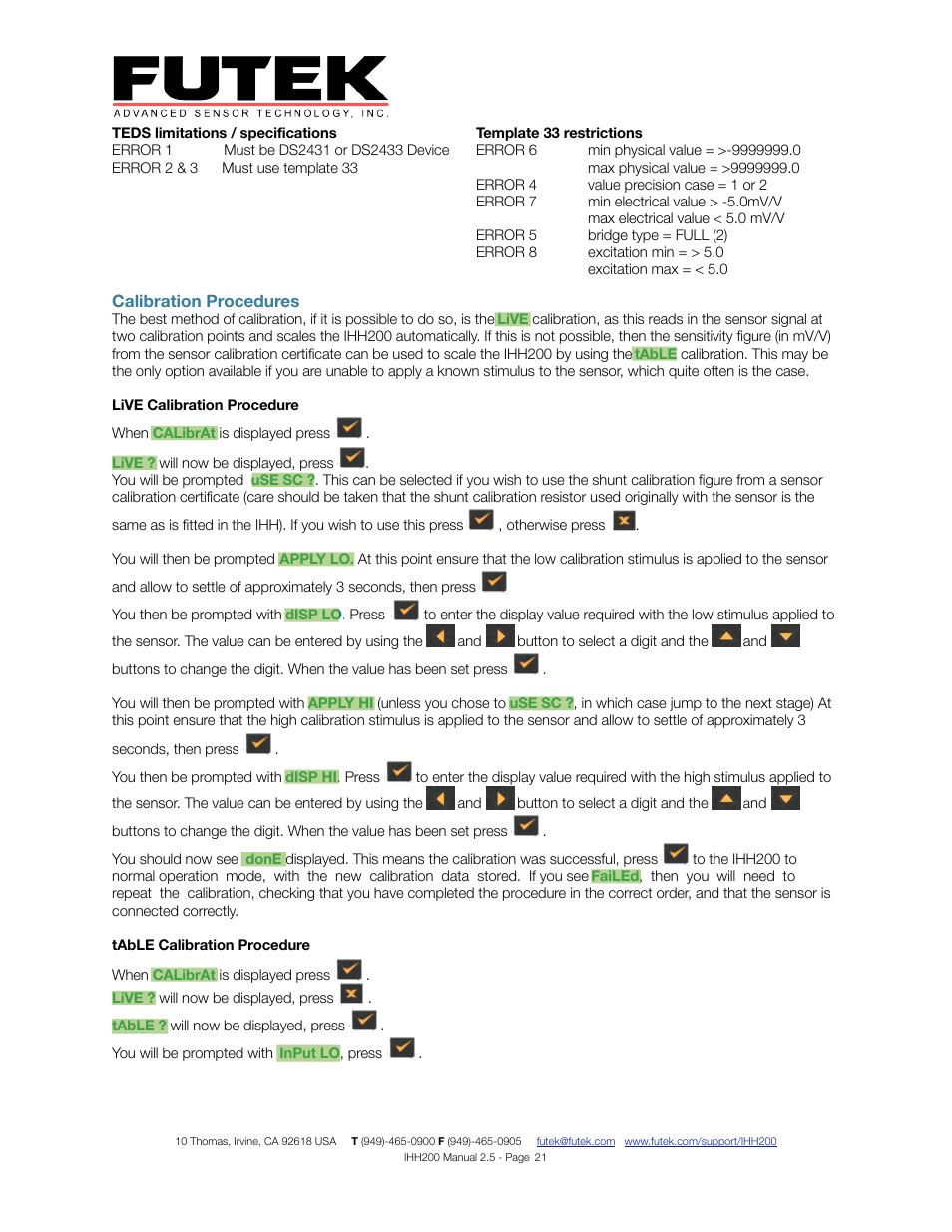 FUTEK IHH200 Digital Display User Manual | Page 21 / 25