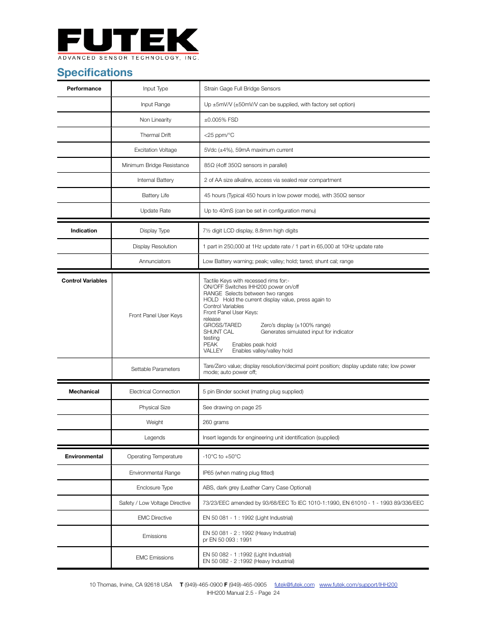 Specifications | FUTEK IHH200 Digital Display User Manual | Page 24 / 25