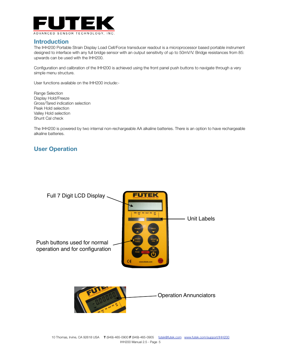 Introduction, User operation | FUTEK IHH200 Digital Display User Manual | Page 5 / 25