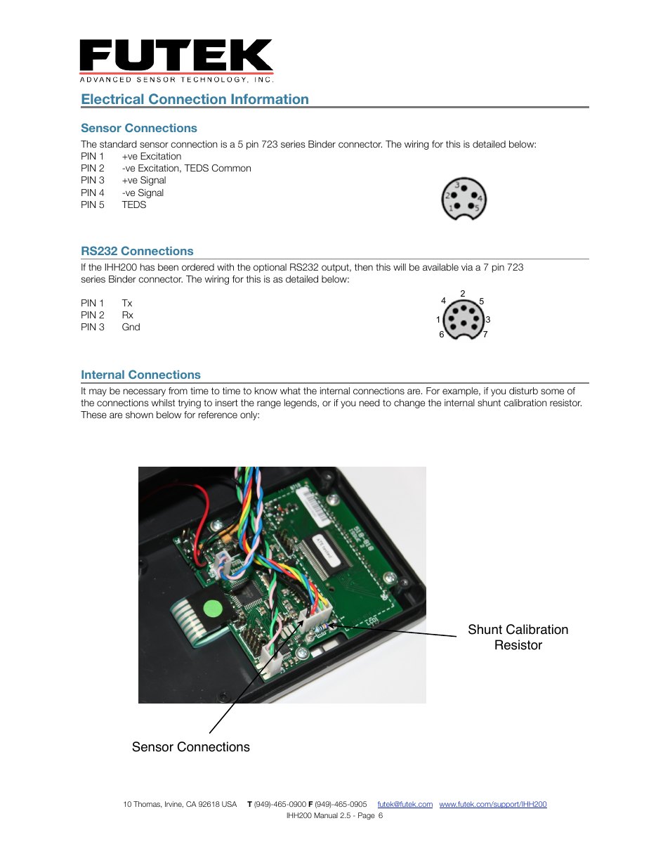 Electrical connection information, Sensor connections shunt calibration resistor | FUTEK IHH200 Digital Display User Manual | Page 6 / 25