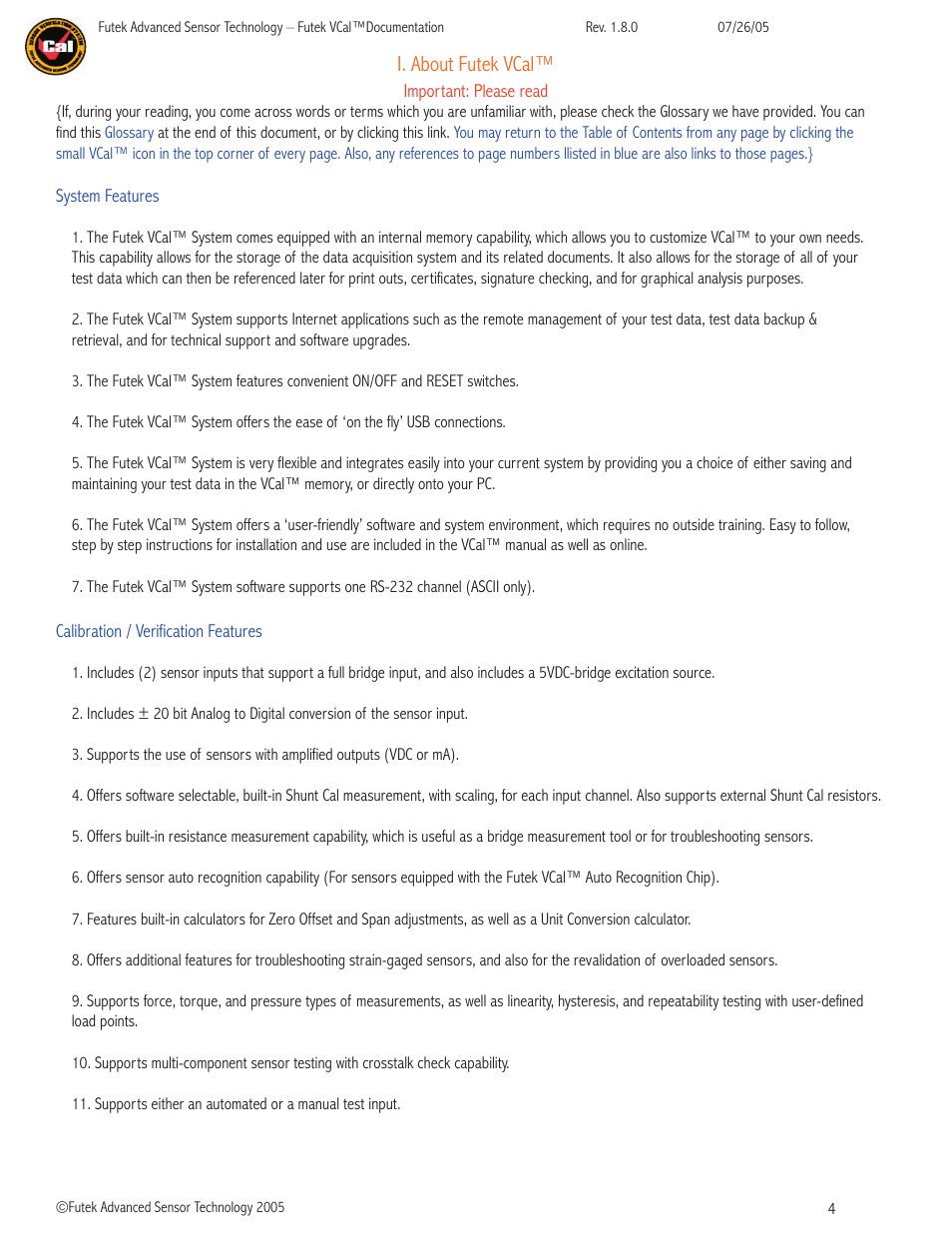 I. about futek vcal | FUTEK VCal Sensor Verification User Manual | Page 4 / 65