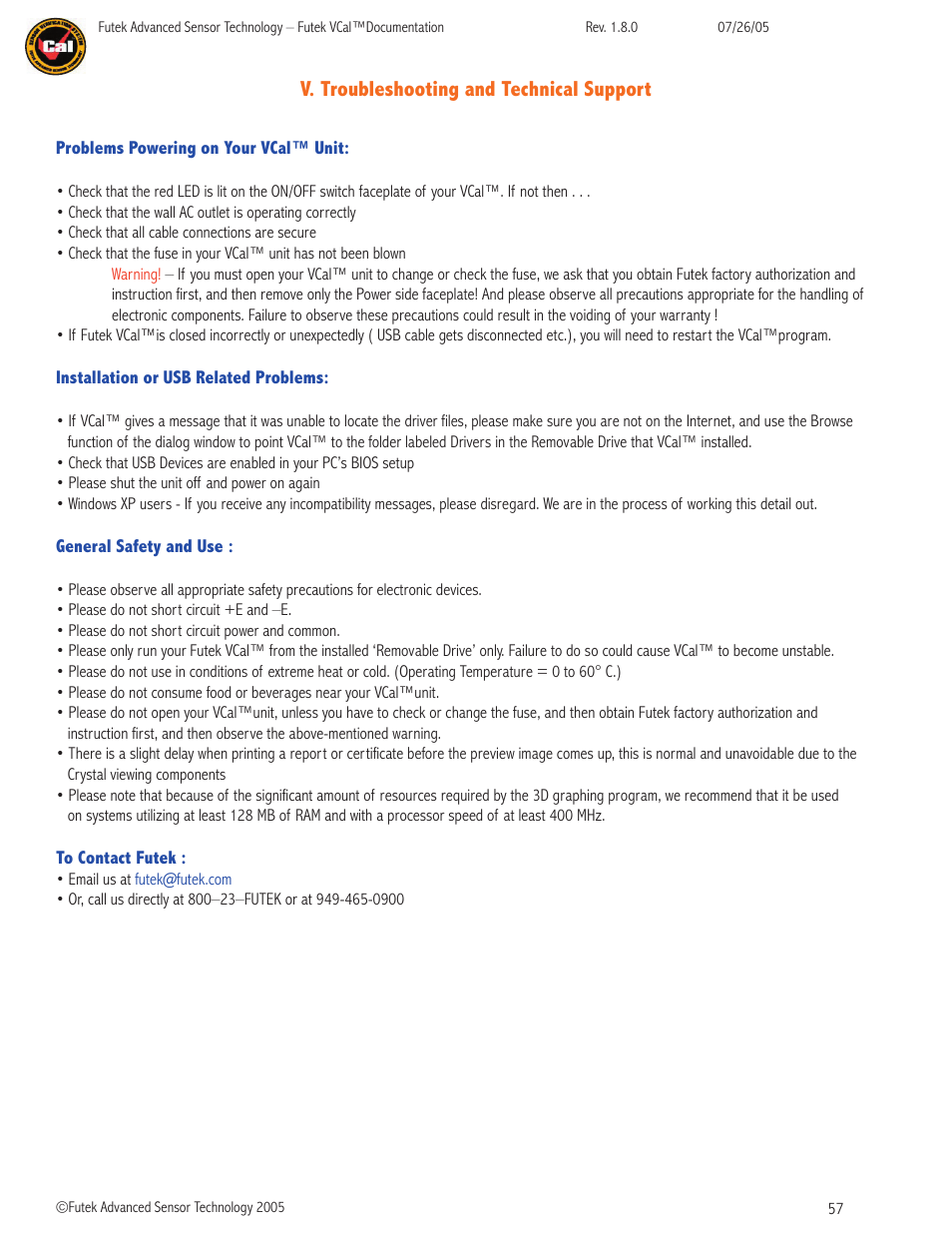 V. troubleshooting and technical support | FUTEK VCal Sensor Verification User Manual | Page 57 / 65