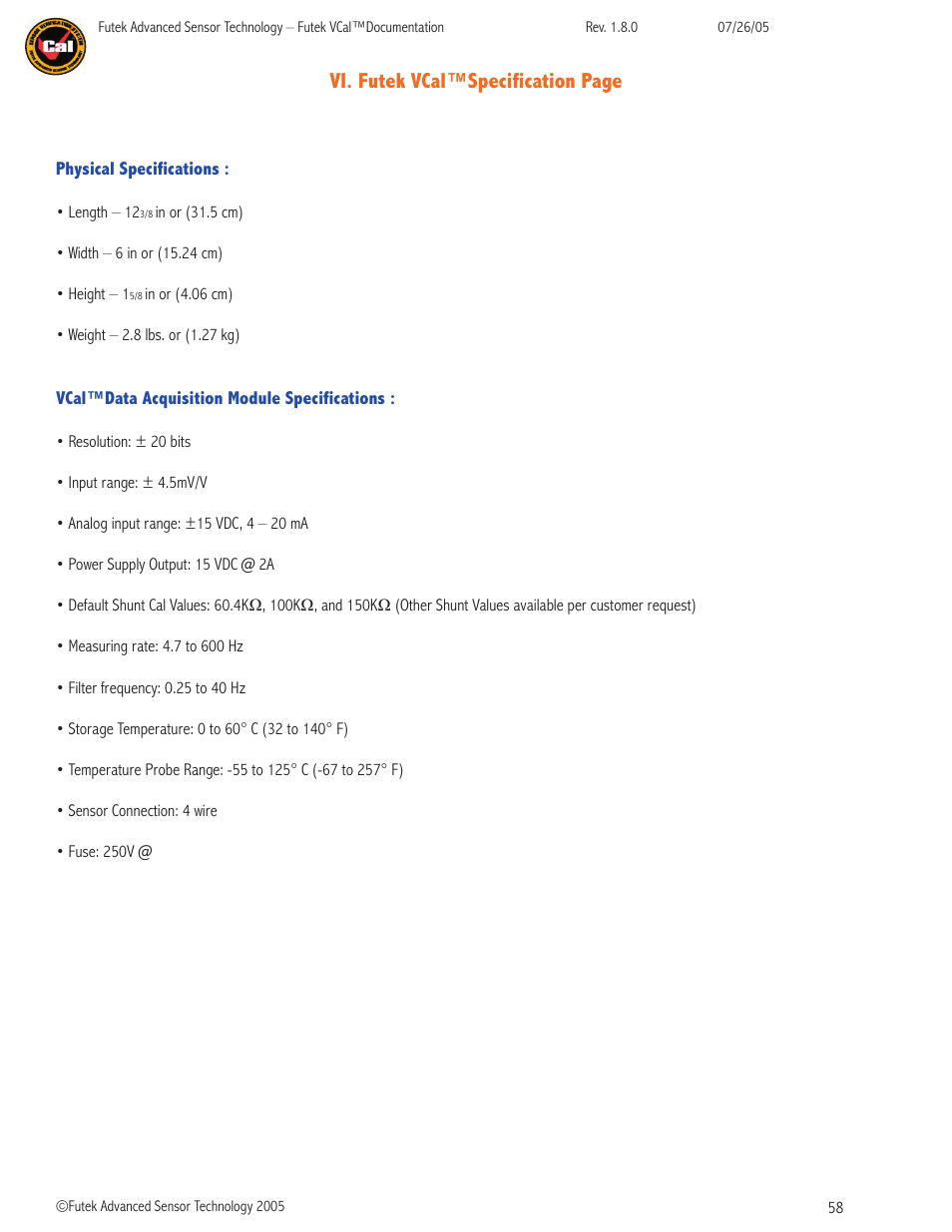 Vi. futek vcal™specification page | FUTEK VCal Sensor Verification User Manual | Page 58 / 65