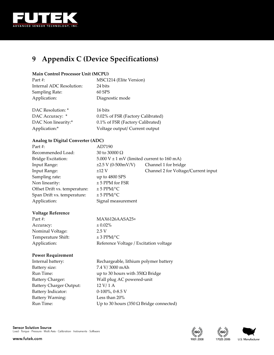 Appendix c (device specifications), 9 appendix c (device specifications) | FUTEK IHH500 Series User Manual | Page 122 / 127