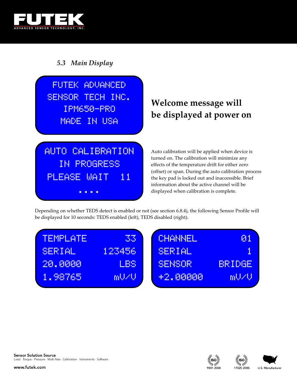 Main display, Welcome message will be displayed at power on | FUTEK IHH500 Series User Manual | Page 15 / 127