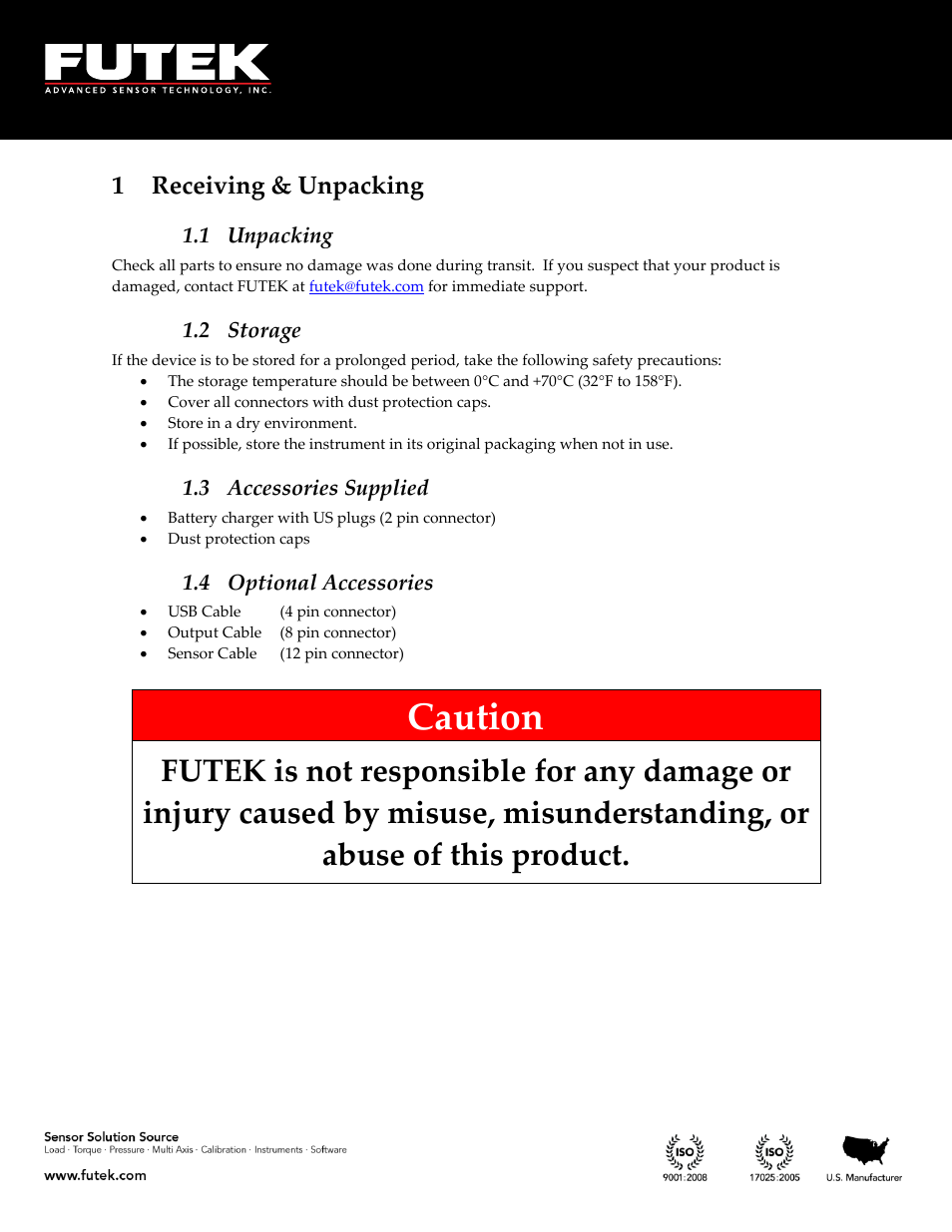 Receiving & unpacking, Unpacking, Storage | Accessories supplied, Optional accessories, Caution, 1 receiving & unpacking, 1 unpacking, 2 storage, 3 accessories supplied | FUTEK IHH500 Series User Manual | Page 5 / 127
