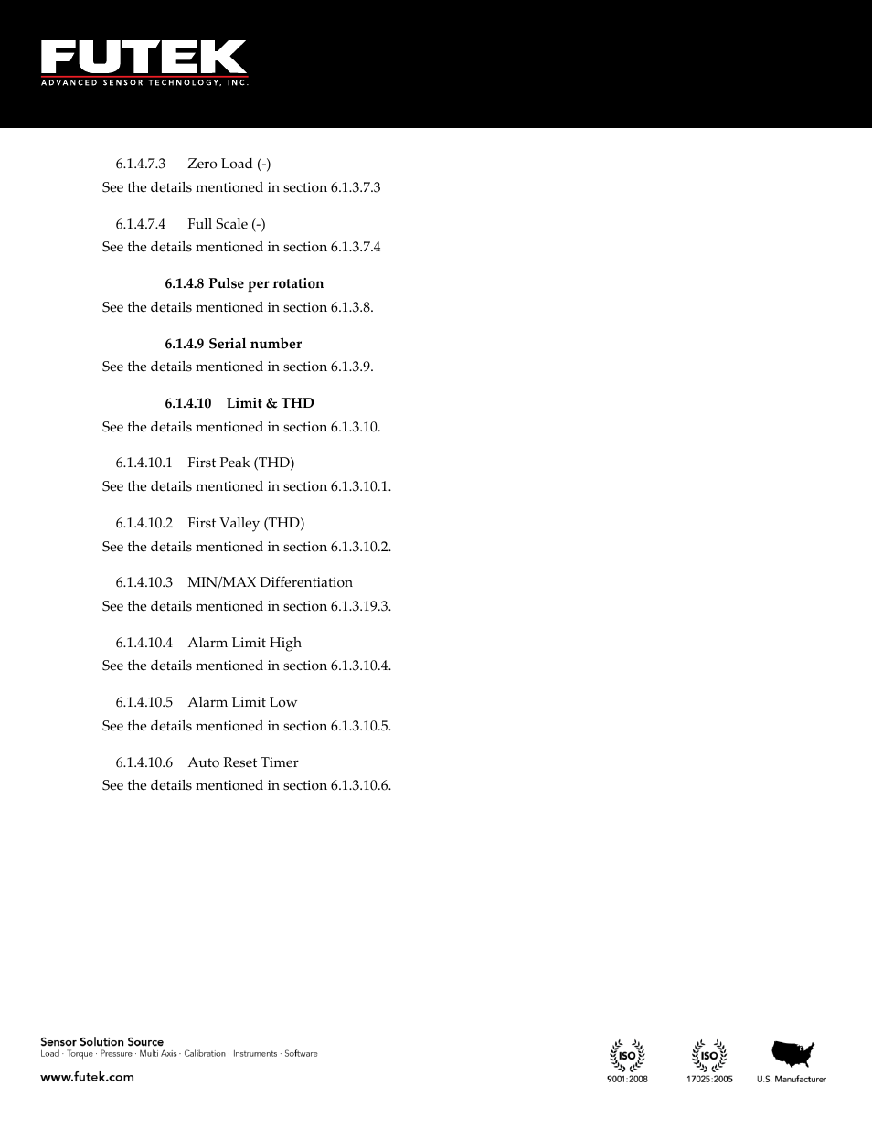 Zero load (-), Full scale (-), Pulse per rotation | Serial number, Limit & thd, First peak (thd), First valley (thd), Min/max differentiation, Alarm limit high, Alarm limit low | FUTEK IHH500 Series User Manual | Page 60 / 127