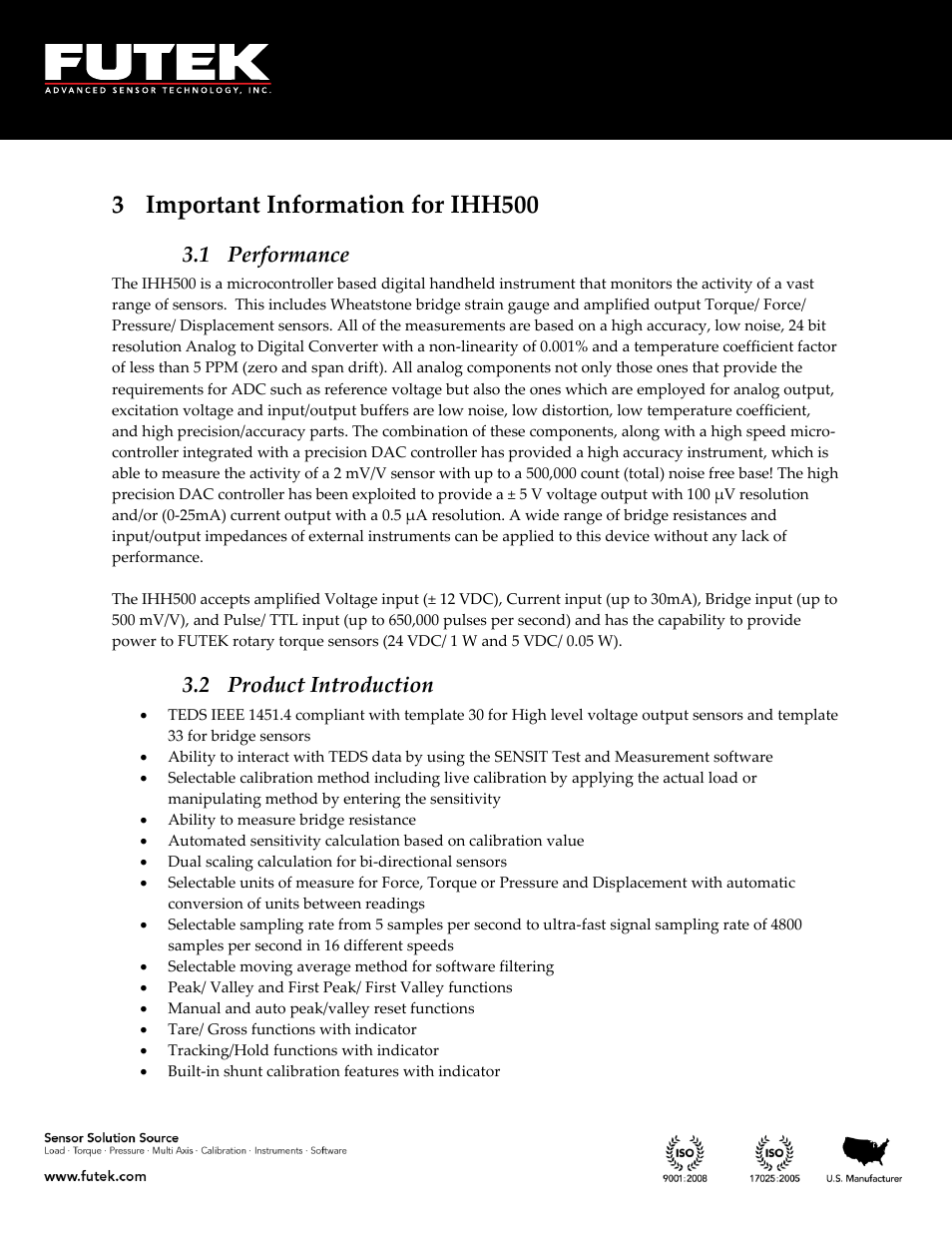 Important information for ihh500, Performance, Product introduction | 3 important information for ihh500, 1 performance, 2 product introduction | FUTEK IHH500 Series User Manual | Page 7 / 127