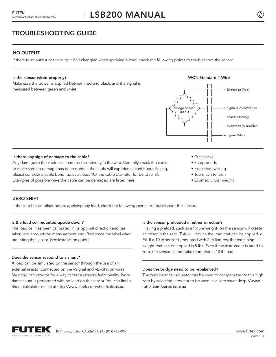 Lsb200 manual, Troubleshooting guide | FUTEK LSB200 S-Beam Jr User Manual | Page 4 / 6