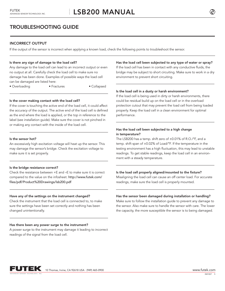Lsb200 manual, Troubleshooting guide | FUTEK LSB200 S-Beam Jr User Manual | Page 5 / 6