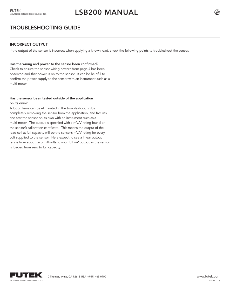 Lsb200 manual, Troubleshooting guide | FUTEK LSB200 S-Beam Jr User Manual | Page 6 / 6