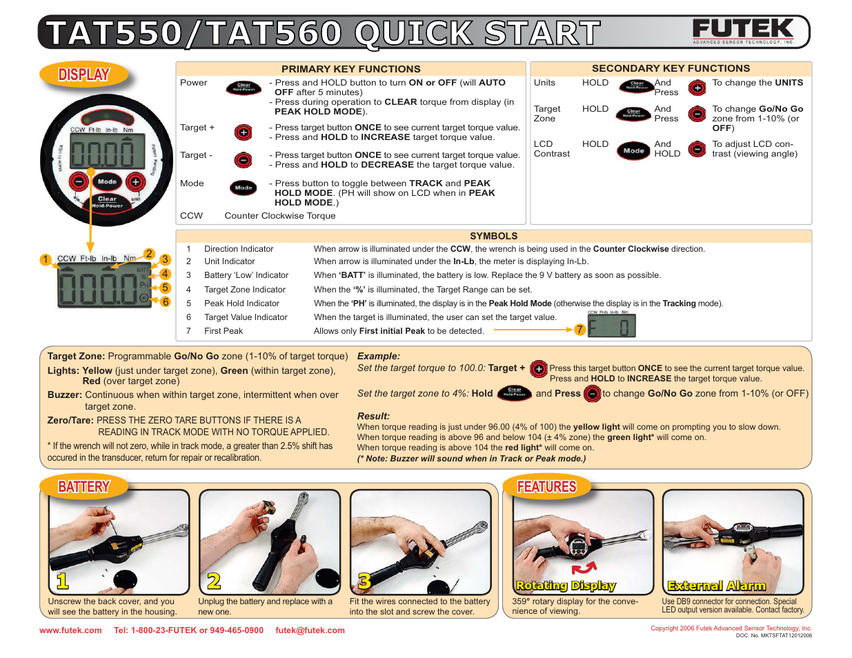 Display, Features, Battery | FUTEK TAT550 (T6005) Digital Display User Manual | Page 2 / 2