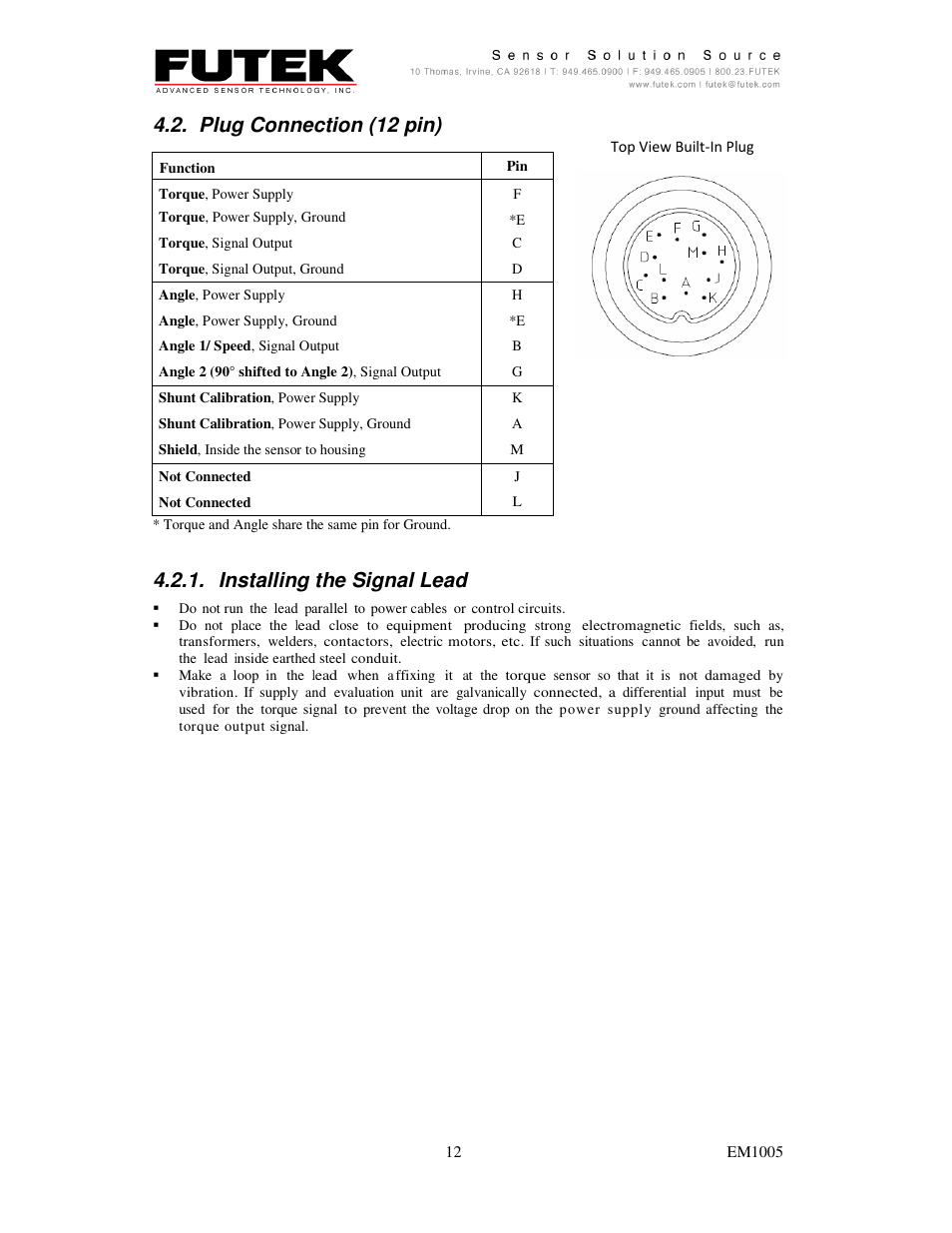 Plug connection (12 pin), Installing the signal lead | FUTEK TRS-Series User Manual | Page 12 / 17