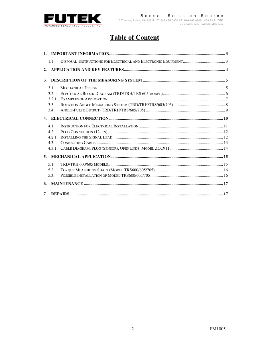 Table of content | FUTEK TRS-Series User Manual | Page 2 / 17