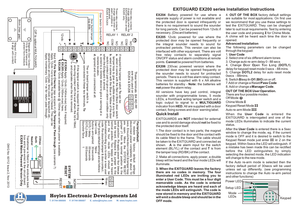 Hoyles EXITGUARD door alarm with integral Keypad control User Manual | 2 pages