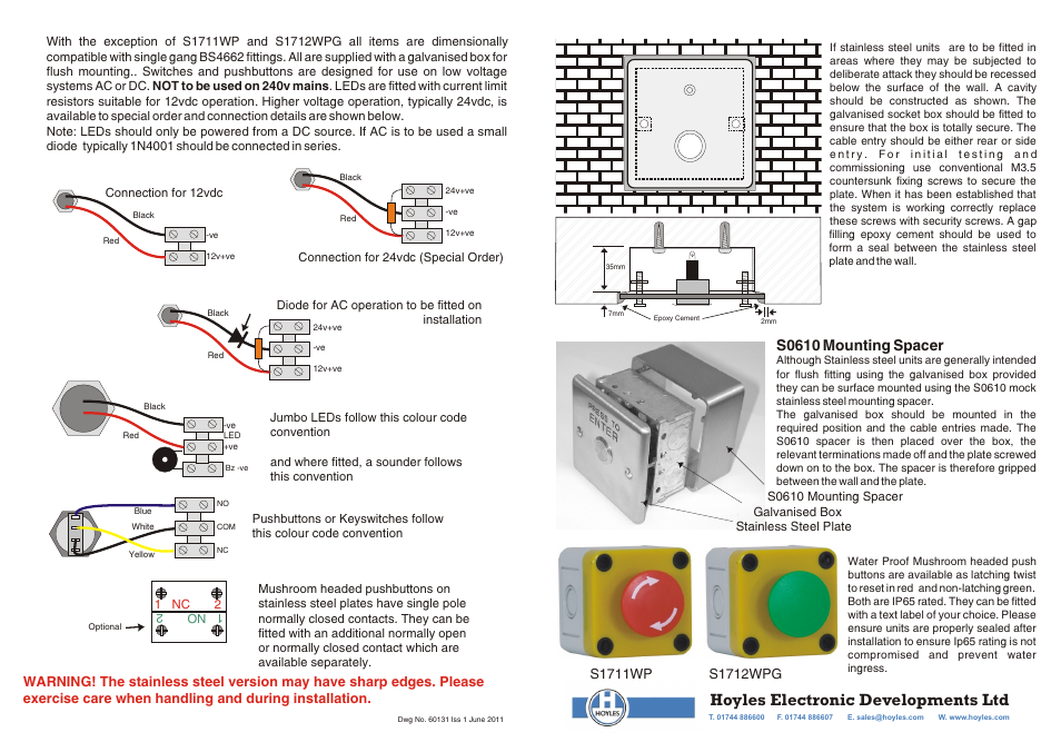 Hoyles electronic developments ltd, S0610 mounting spacer | Hoyles Two LEDs and Button with special text Stainless steel User Manual | Page 2 / 2