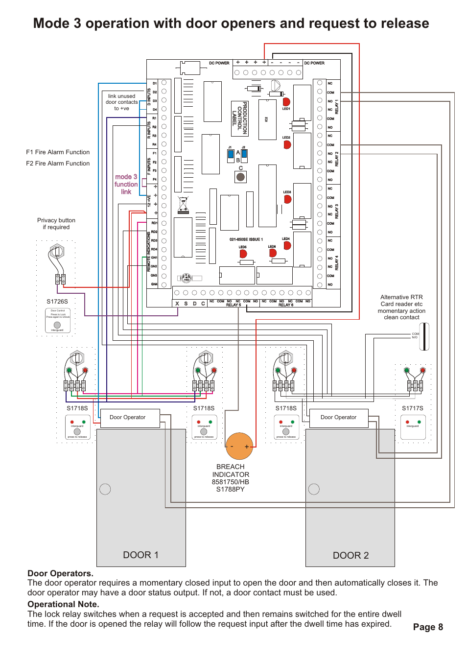 Door 1 door 2, Page 8, Mode 3 function link mode 3 function link | S1718s, F1 fire alarm function f2 fire alarm function, S1726s privacy button if required | Hoyles Interguard 2/3/4 door control unit with steel case & 5A PSU User Manual | Page 10 / 14