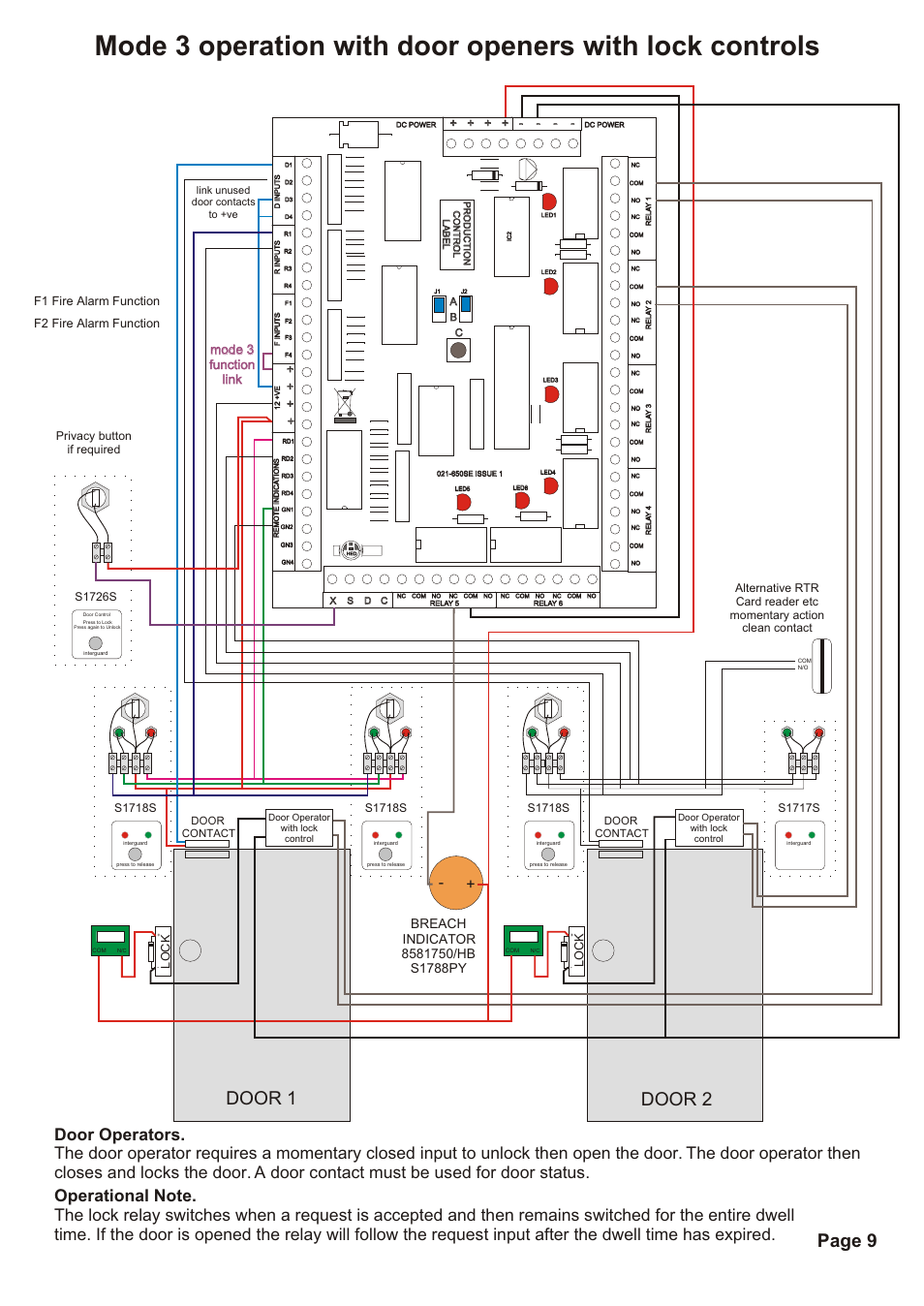 Door 1 door 2, Page 9, Mode 3 function link mode 3 function link | S1718s, F1 fire alarm function f2 fire alarm function, S1726s privacy button if required | Hoyles Interguard 2/3/4 door control unit with steel case & 5A PSU User Manual | Page 11 / 14