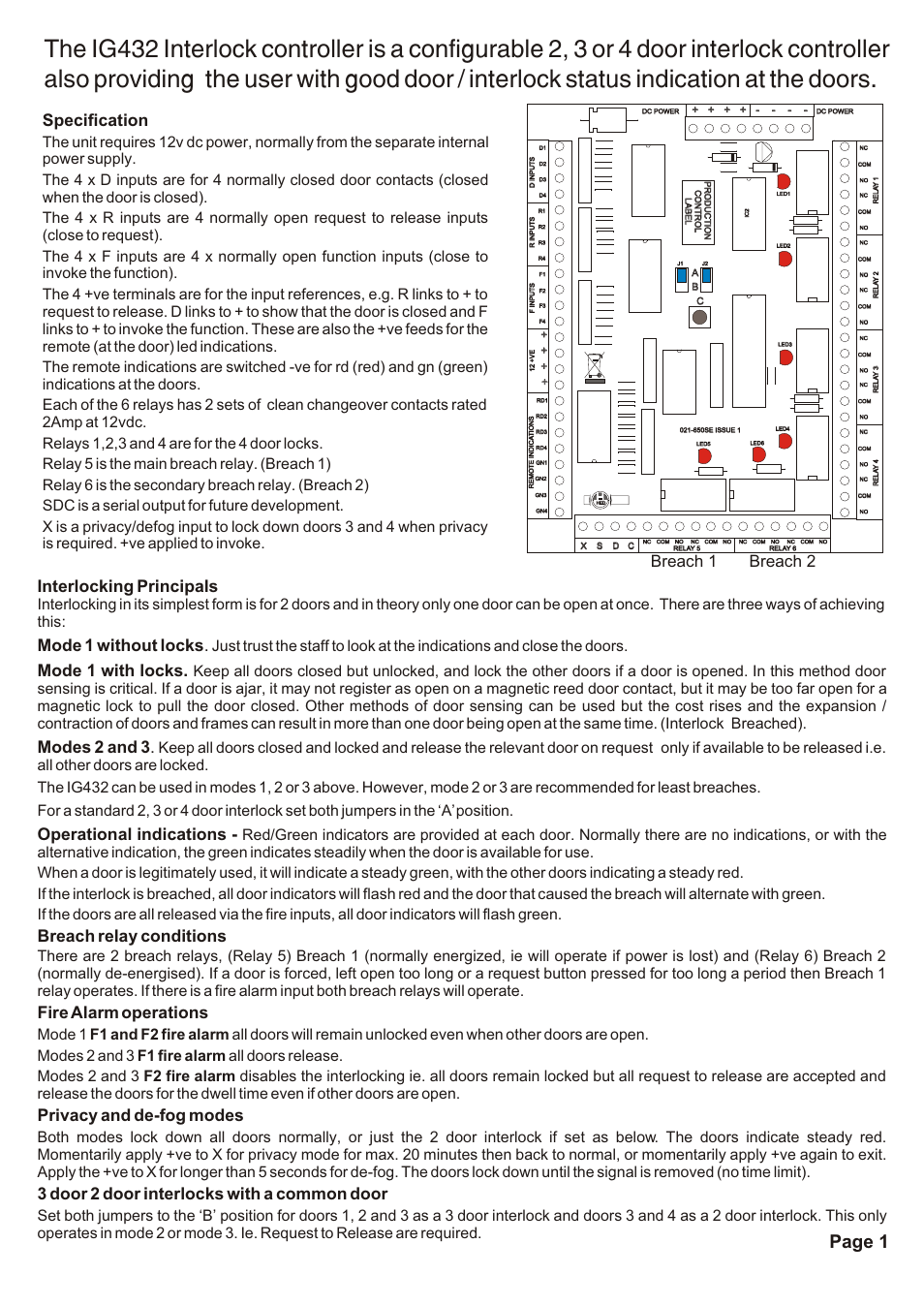 Page 1, Specification, Interlocking principals | Mode 1 without locks, Mode 1 with locks, Modes 2 and 3, Operational indications, Breach relay conditions, Fire alarm operations, Privacy and de-fog modes | Hoyles Interguard 2/3/4 door control unit with steel case & 5A PSU User Manual | Page 3 / 14