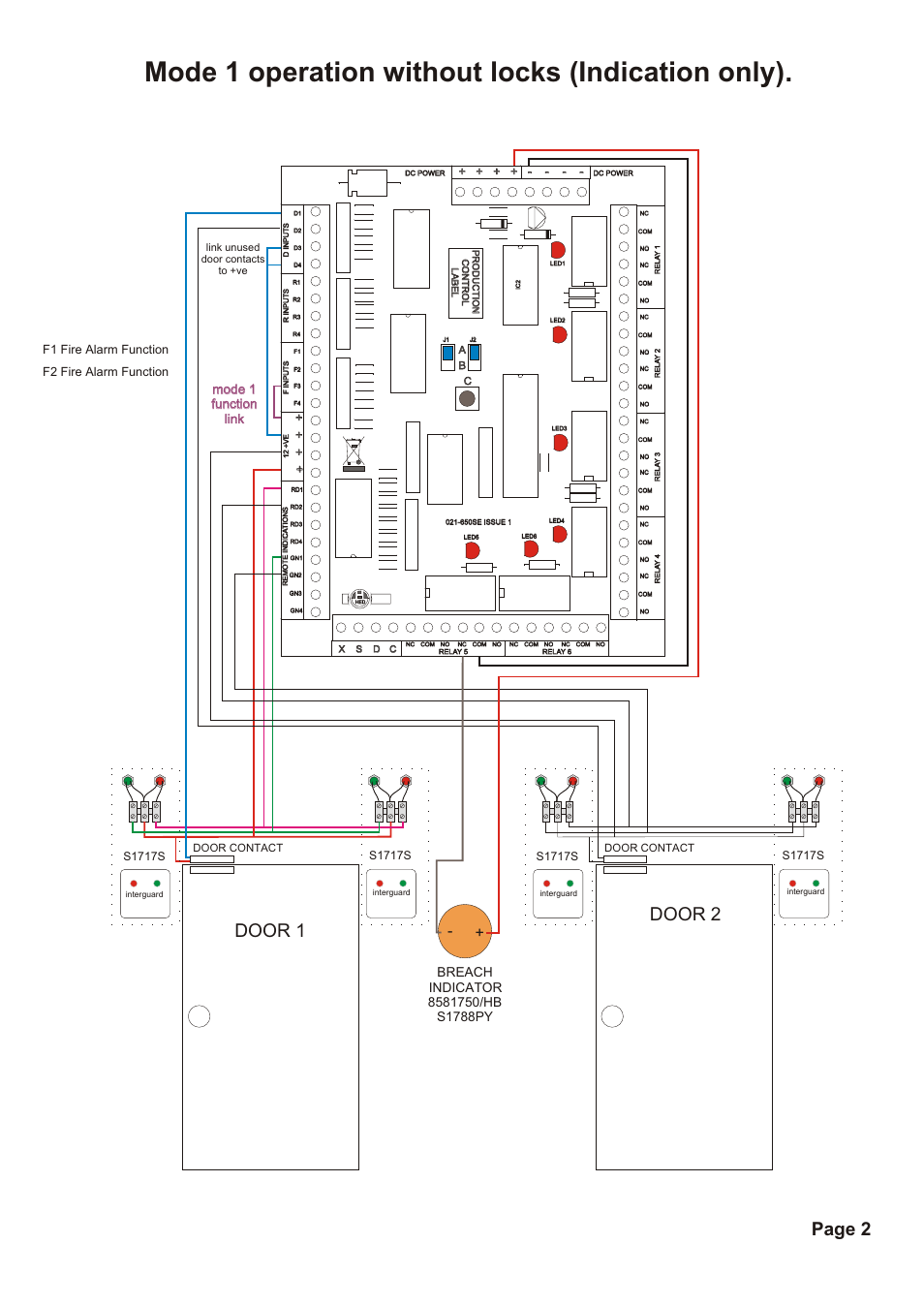 Mode 1 operation without locks (indication only), Door 1 door 2, Page 2 | Mode 1 function link mode 1 function link, S1717s, F1 fire alarm function f2 fire alarm function | Hoyles Interguard 2/3/4 door control unit with steel case & 5A PSU User Manual | Page 4 / 14