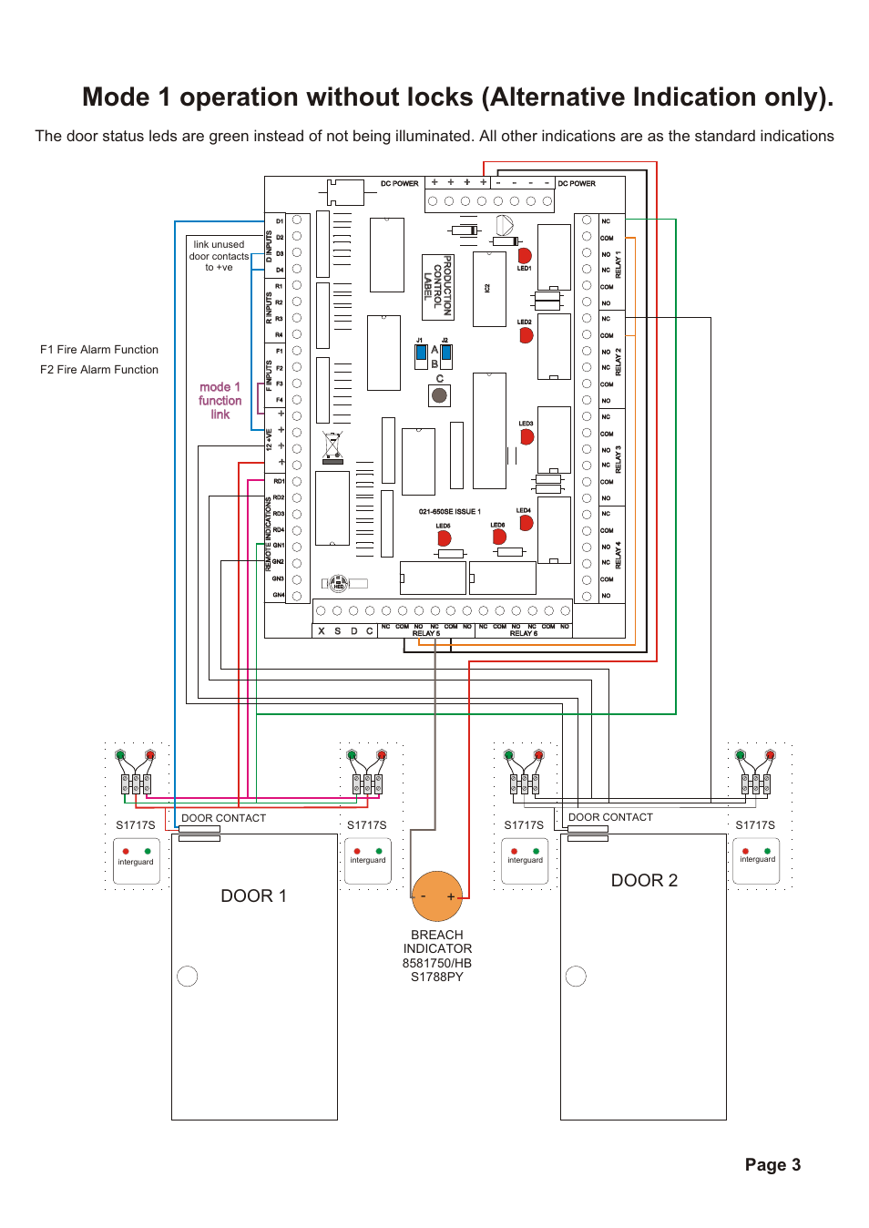 Door 1 door 2, Page 3, Mode 1 function link mode 1 function link | S1717s, F1 fire alarm function f2 fire alarm function | Hoyles Interguard 2/3/4 door control unit with steel case & 5A PSU User Manual | Page 5 / 14