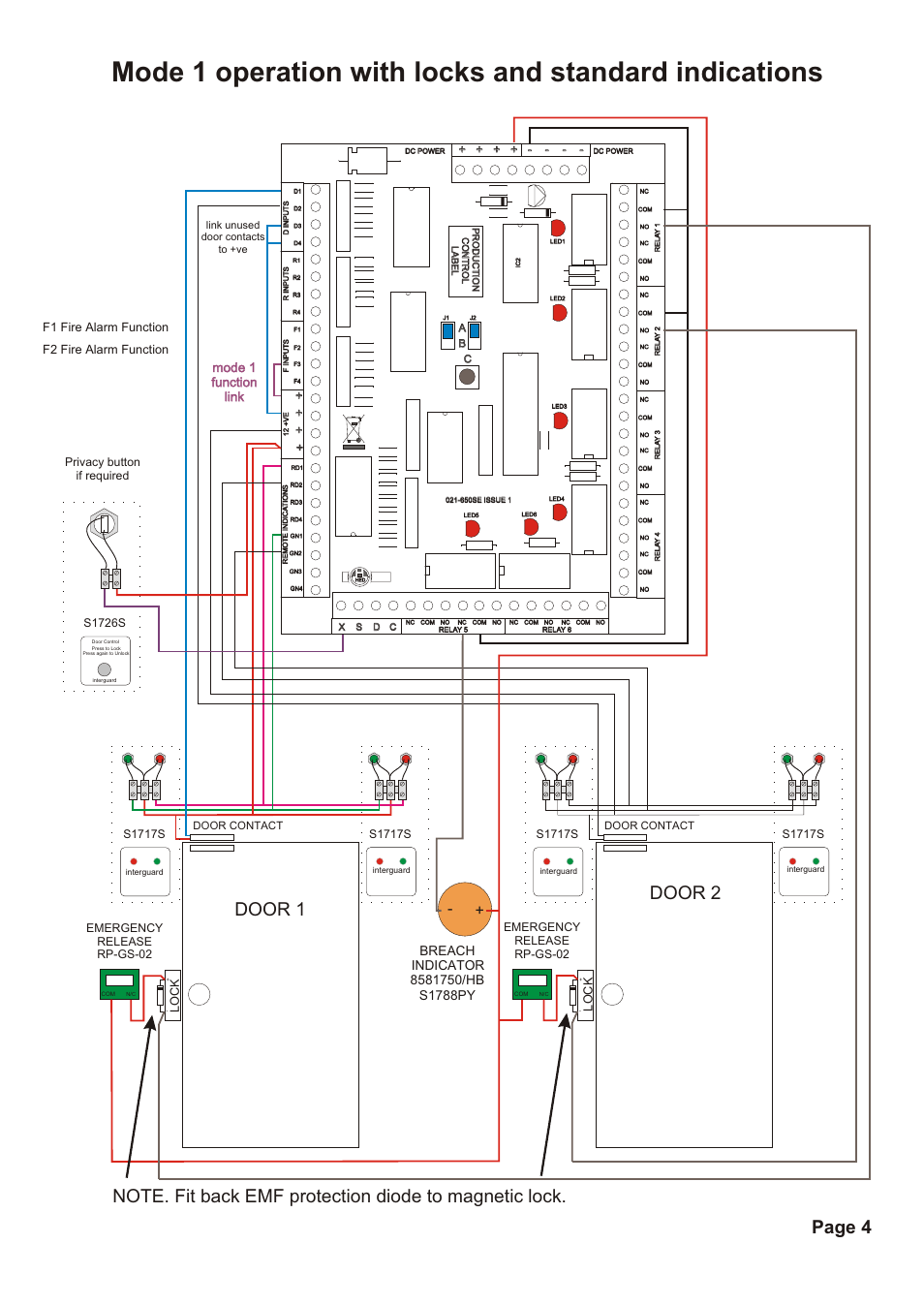 Door 1 door 2, Page 4, Mode 1 function link mode 1 function link | S1717s, F1 fire alarm function f2 fire alarm function, S1726s privacy button if required | Hoyles Interguard 2/3/4 door control unit with steel case & 5A PSU User Manual | Page 6 / 14