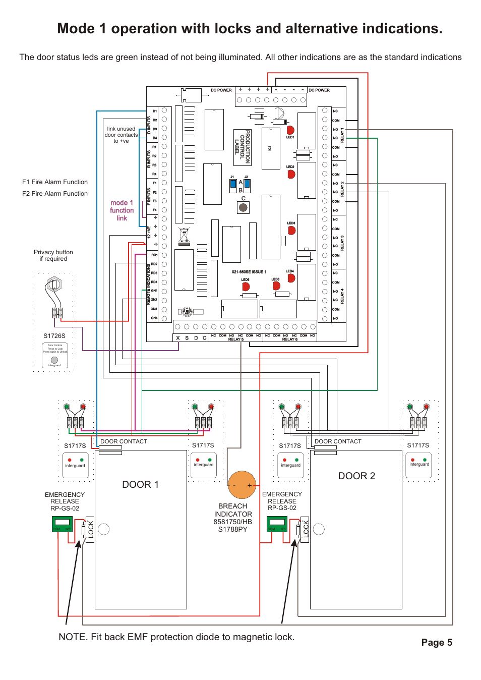 Door 1 door 2, Page 5, Mode 1 function link mode 1 function link | S1717s, F1 fire alarm function f2 fire alarm function, S1726s privacy button if required | Hoyles Interguard 2/3/4 door control unit with steel case & 5A PSU User Manual | Page 7 / 14