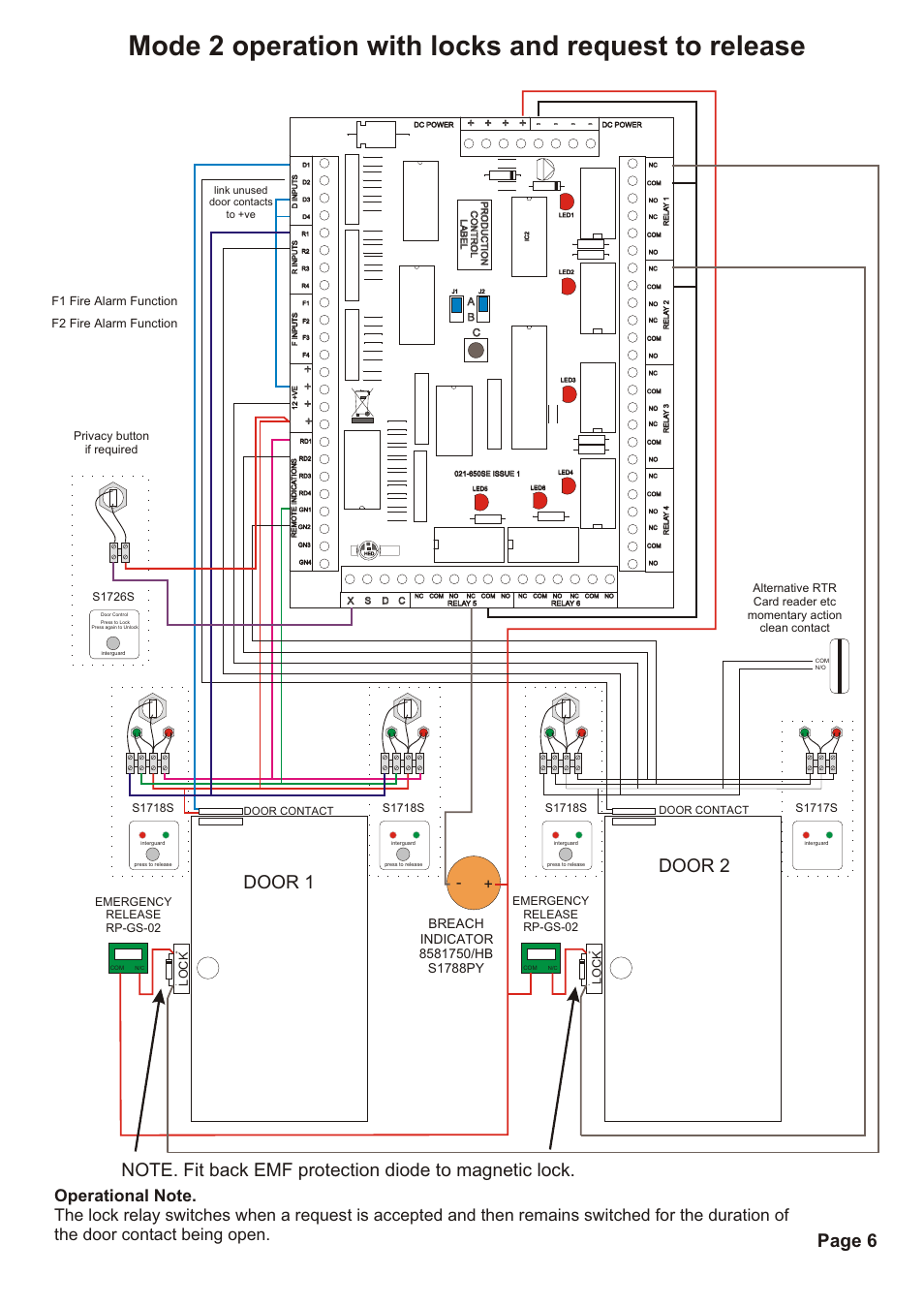 Mode 2 operation with locks and request to release, Door 1 door 2, Page 6 | S1718s, F1 fire alarm function f2 fire alarm function, S1726s privacy button if required | Hoyles Interguard 2/3/4 door control unit with steel case & 5A PSU User Manual | Page 8 / 14