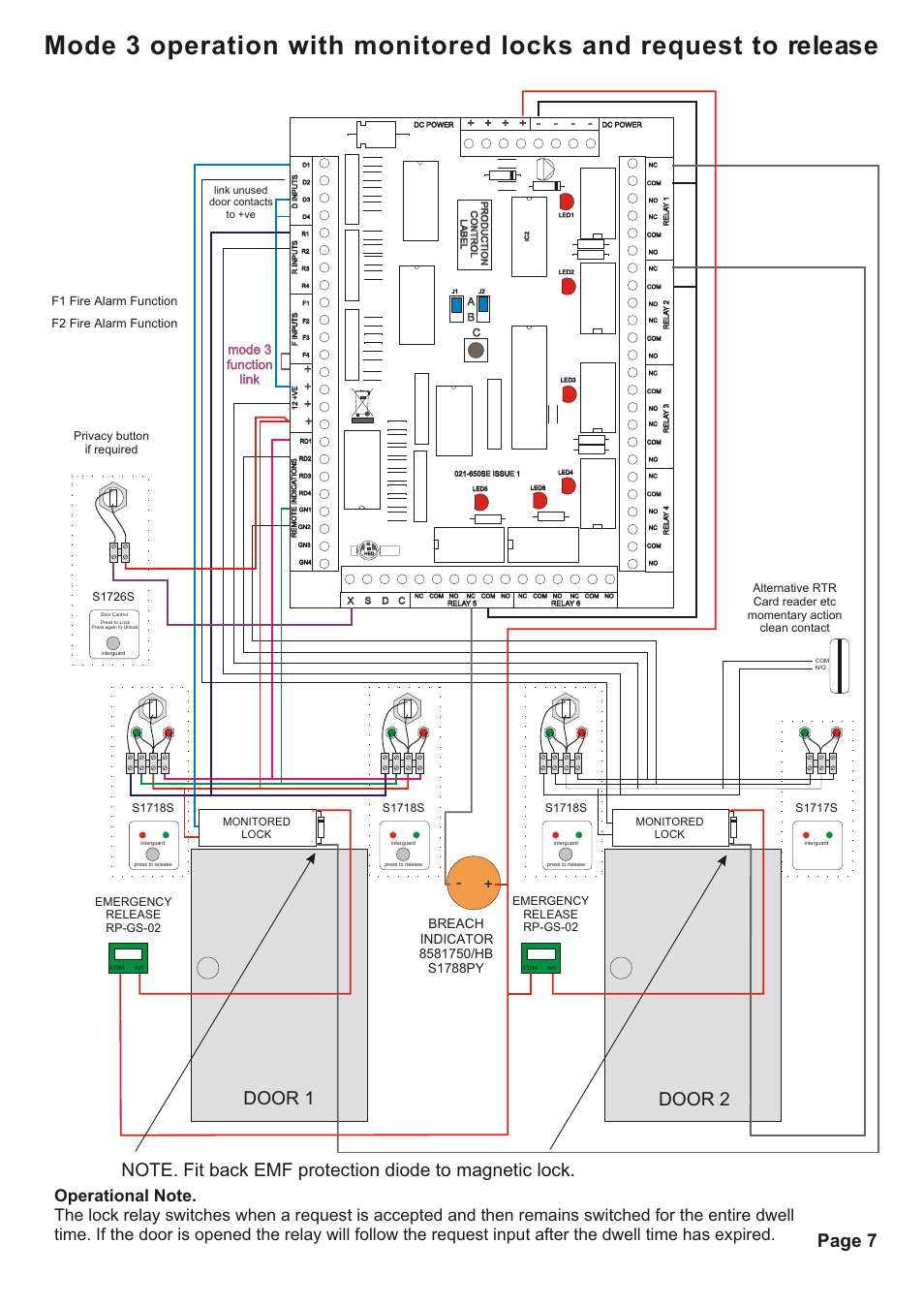 Door 1 door 2, Page 7, Mode 3 function link mode 3 function link | S1718s, F1 fire alarm function f2 fire alarm function, S1726s privacy button if required | Hoyles Interguard 2/3/4 door control unit with steel case & 5A PSU User Manual | Page 9 / 14