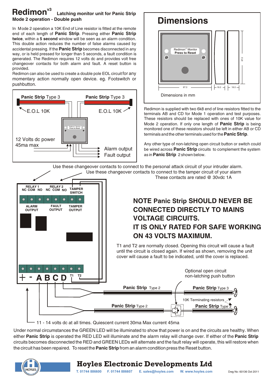 Dimensions, A b c d, Redimon | Hoyles electronic developments ltd, Panic strip | Hoyles Redimon v3 Monitor User Manual | Page 2 / 2