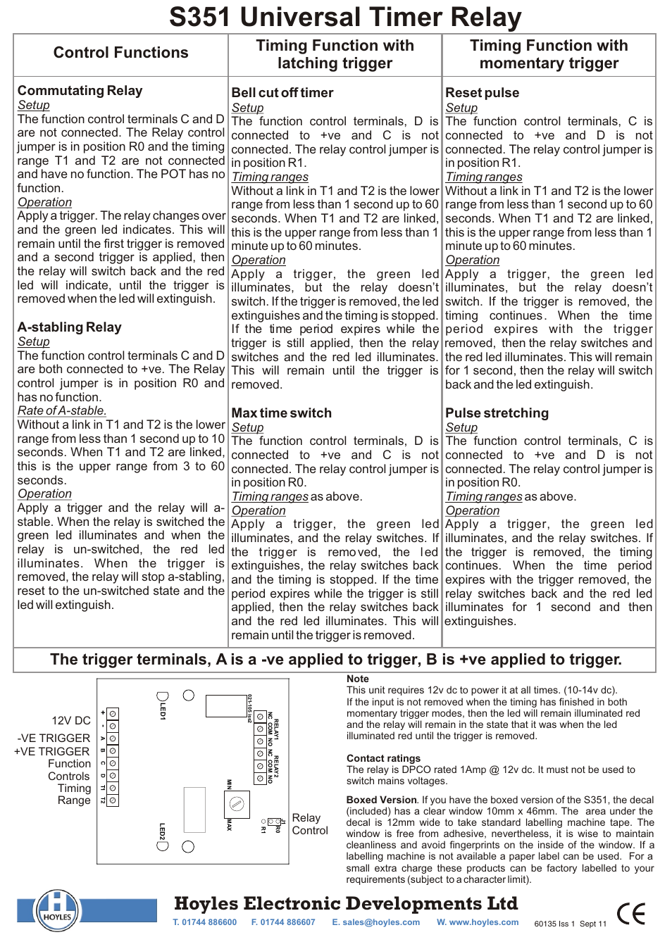 Hoyles Multi Function Timer Relay User Manual | 1 page